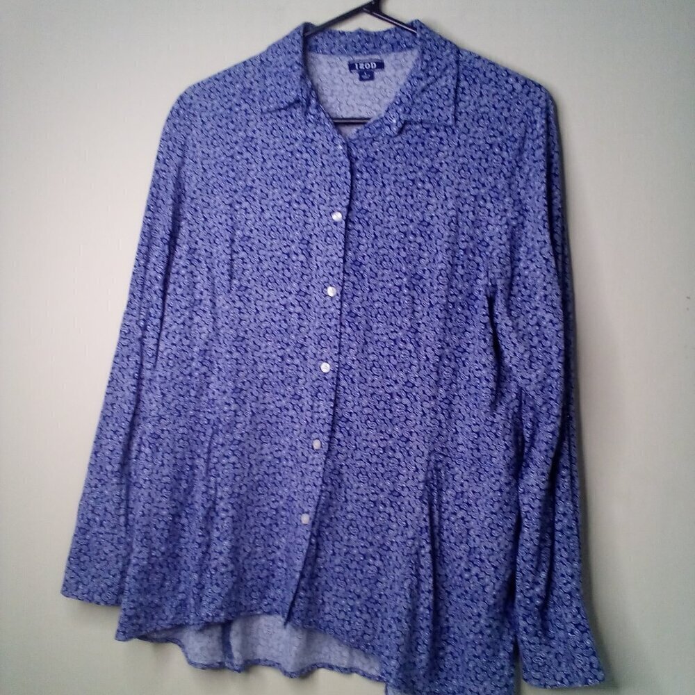 Izod Button Up Shirt Women L Long Sleeve Fitted Paisley Print Blue